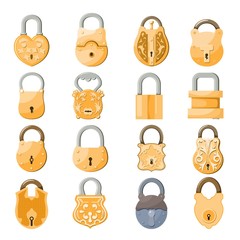 Antique old padlocks set in cartoon style on white background vintage lock security and safety mechanisms vector illustration - 223392114
