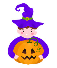 Halloween. Happy boy, pumpkin and witches hat. Vector illustration in cartoon style