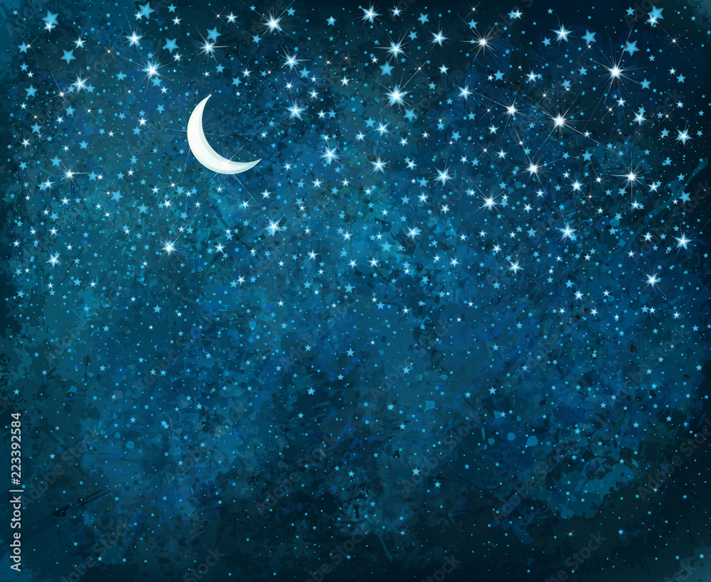 Wall mural vector night starry sky, sparkling stars and moon background.