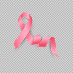 Realistic pink ribbon isolated on transparent background. Breast cancer awareness month symbol. Vector illustration
