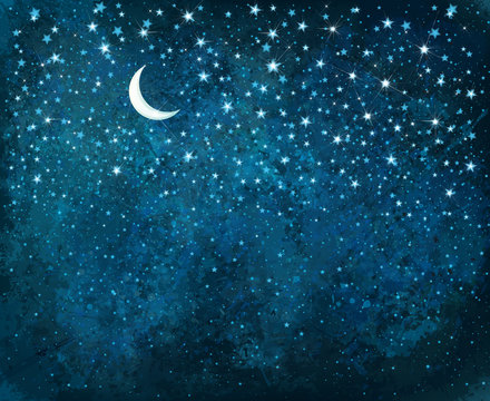 Vector night starry sky, sparkling stars and moon background.