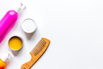 womens haircare spa in bottle on white background top view