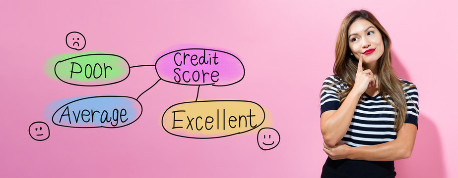 Credit score theme with young businesswoman in a thoughtful face