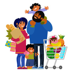 Happy young family shopping. Father, mother and kids with shopping bags and shopping cart. Vector.