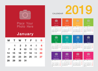 Colorful Year 2019 calendar horizontal vector design template, simple and clean design. Calendar for 2019 on White Background for organization and business. Week Starts Monday.