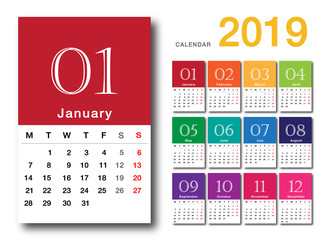 Colorful Year 2019 calendar horizontal vector design template, simple and clean design. Calendar for 2019 on White Background for organization and business. Week Starts Monday.