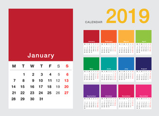 Colorful Year 2019 calendar horizontal vector design template, simple and clean design. Calendar for 2019 on White Background for organization and business. Week Starts Monday.