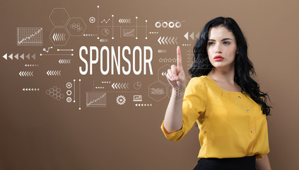 Sponsor text with business woman on a brown background