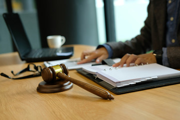 judge work with document. legal law gavel at courtroom. lawyer attorney justice at court