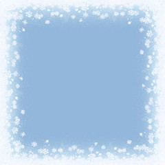 Blue winter snowfall watercolor frame for your design. Hand drawn square background