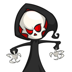 Cute cartoon grim reaper isolated on white. Cute Halloween skeleton death character icon. Outlined
