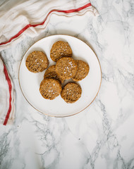 Gluten free cookie with buckwheat, corn and rice flour on white marble background