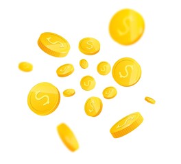 3d realistic gold coins set on white in different positions .Money isolated on white. Vector illustration.