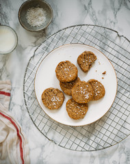 Gluten free cookie with buckwheat, corn and rice flour on white marble background