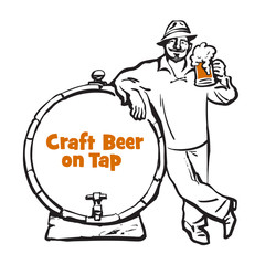 Cheerful man with beer mug and sausage. Hand drawn vector in sketch style isolated on white background