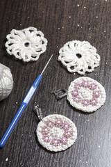 Crochet jewelry for women. Earrings knitted by an entrepreneur. Threads for knitting, billets and finished products.