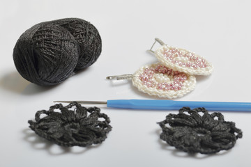 Crochet jewelry for women. Earrings knitted by an entrepreneur. Threads for knitting, billets and finished products.
