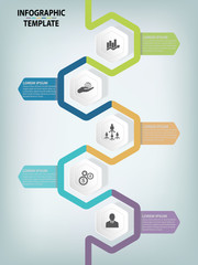 Modern infographic process template vector template with 5 hexagons can be used for workflow layout, diagram, website, corporate report, advertising, marketing.