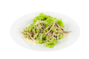 Salad with meat, beef, boiled pork, mushrooms, sausage, ham, lettuce, cheese on plate, white isolated background Side view. For the menu restaurant bar cafe