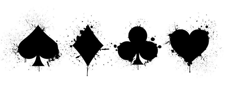 The suits of the deck of playing cards on background of splashing. Vector illustration.