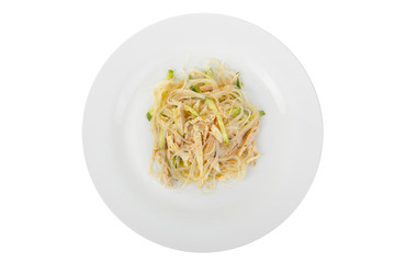Salad with fuchsozoy, meat, chicken, cucumber, zucchini, soy sauce on plate, white isolated background, view from above, for the menu, restaurant bar cafe