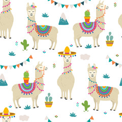 PrintCute cartoon llama alpaca seamless pattern vector graphic design. Hand drawn llama character illustration and cactus elements for nursery design, birthday, baby shower design and party decor, pri © Wink Images