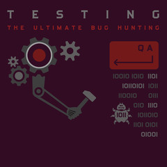 Obraz premium Quality assurance process illustration in purple. Finding bugs. Square