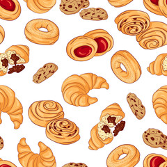 Vector seamless pattern with various pastries. Illustration isolated on white background. Hand drawn pattern