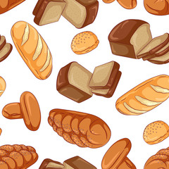 Vector seamless pattern with various breads. Illustration isolated on white background. Hand drawn pattern