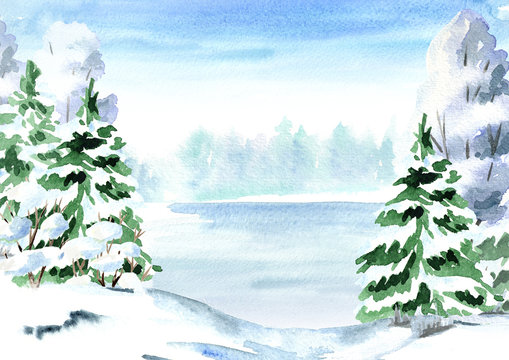 Winter background,  landscape with fir, tree and lake. Watercolor hand drawn illustration