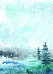 Fototapeta premium Winter background, landscape with snow. Watercolor hand drawn vertical illustration