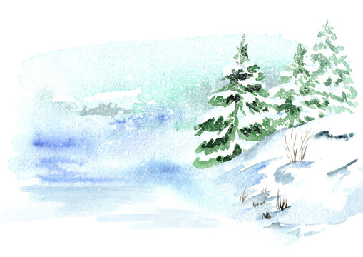 Winter background,  landscape with snowfall. Watercolor hand drawn illustration