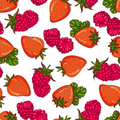 Vector seamless pattern with strawberry and raspberry. Illustration isolated on white background. Hand drawn pattern