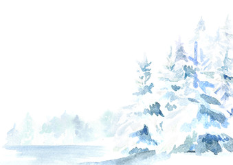 Obraz premium Winter forest background. Watercolor hand drawn illustration