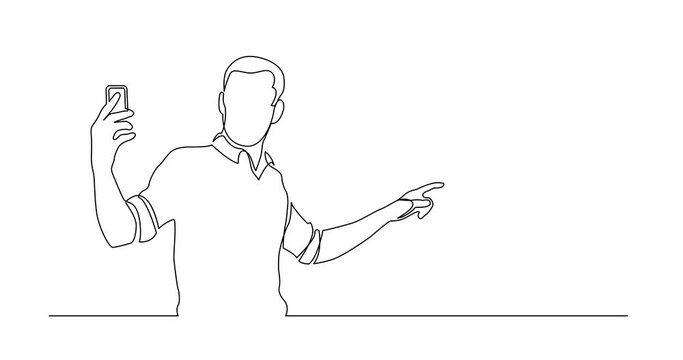 Animation of continuous line drawing of standing man shooting video on his mobile phone