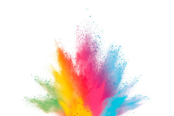 Abstract powder splatted background. Colorful powder explosion on white background. Colored cloud. Colorful dust explode. Paint Holi.