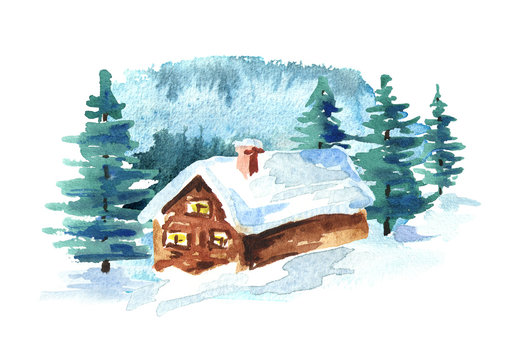 Winter landscape, house and fir tree