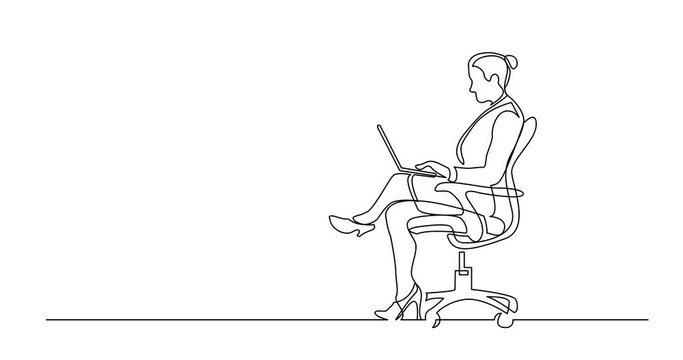 Animation of continuous line drawing of office worker sitting working on laptop computer