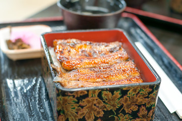 Grilled eel with sauce on rice in Box. Japanese cuisine