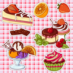 Vector illustration set of stickers with various desserts on a plaid background. Hand drawn icons for design
