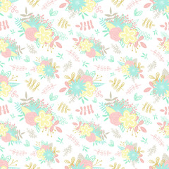 Seamless cartoon pattern hand-drawn floral elements, bouquets, flowers and leaves. An illustration in pastel colors for the decor of clothing, things, wraps, gifts, cards and invitations.