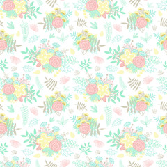 Seamless pattern of cartoon hand-drawn flower items, bouquets, flowers and leaves. Illustration in pastel colors for clothes, wrappers, gifts, cards and invitation cards.