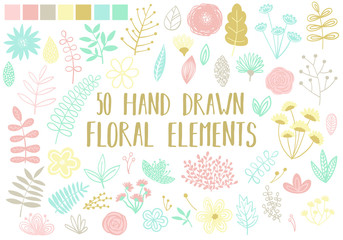 Fototapeta na wymiar Vector image of hand-drawn floral elements on a light background. Cartoon illustration of a set of isolated flowers, leaves and blossoms.