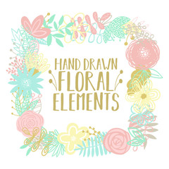 Vector illustration of a square frame made of cartoon hand-drawn floral elements. An image for decoration of postcards, invitations and interiors.