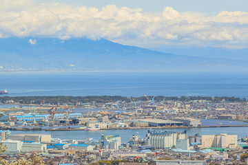 Cityscape of Shimizu bay view point from tea field at nihondaira, Shizuoka, Japan