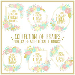 Collection of decorative frames of different forms, decorated with floral motifs. Vector image of cartoon hand-drawn floral elements.