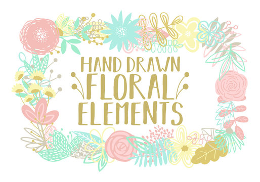 Vector illustration of a rectangular frame made from cartoon hand-drawn floral elements. An image for decoration of postcards, invitations and interiors.