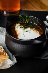 Red borsch. Restaurant serving borsch. food photo on black background