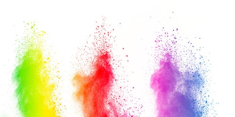 Abstract powder splatted background. Colorful powder explosion on white background. Paint Holi.