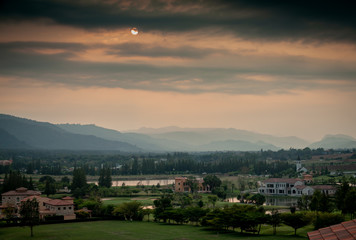 Sunset over the hills of Khao Yai National Park in Thailand.